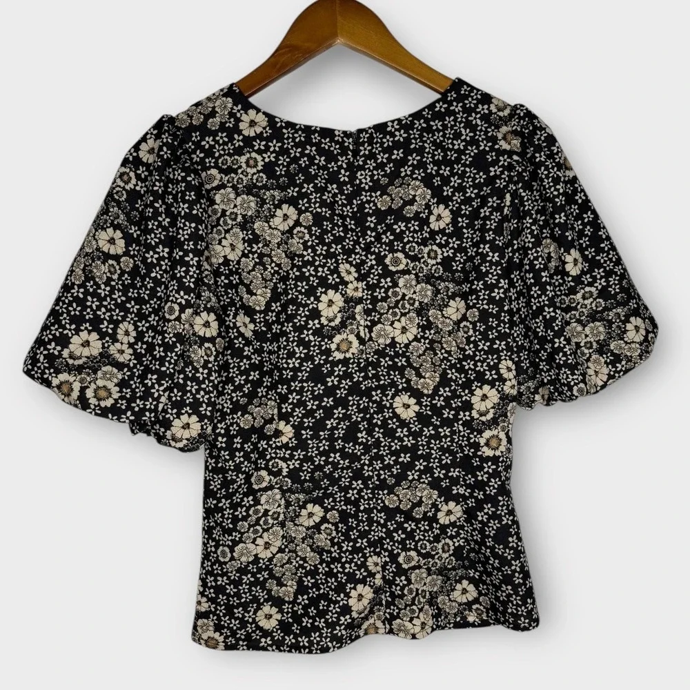 ASTR Multi Floral Black Taupe Balloon Puff Sleeve Top Deep V Whimsygoth Sz Small